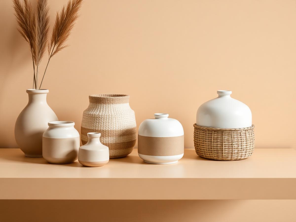 Neutral ceramic and woven home essentials on a warm beige shelf