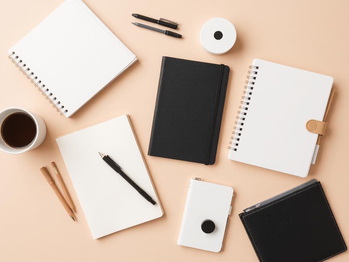 Clean desk flat lay with notebooks, pens, and organizers in neutral tones