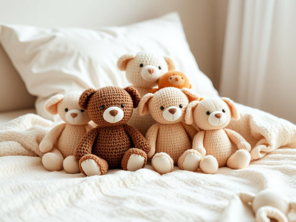 Soft plush stuffed animals resting on a cozy bed with a knit blanket
