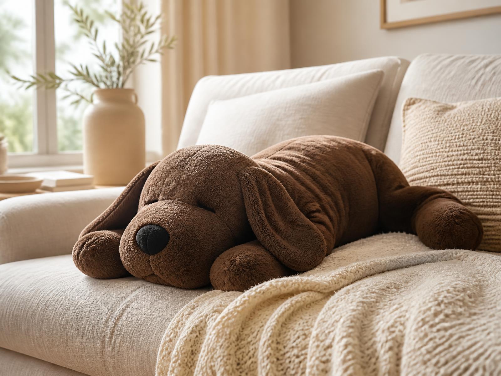 Weighted plush dog resting on a linen couch with a soft knit blanket